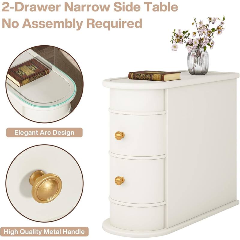 10.8 Inches Narrow End Table with 2 Drawers -Fully Assembled Solid Wood Side Table, Slim Nightstand
