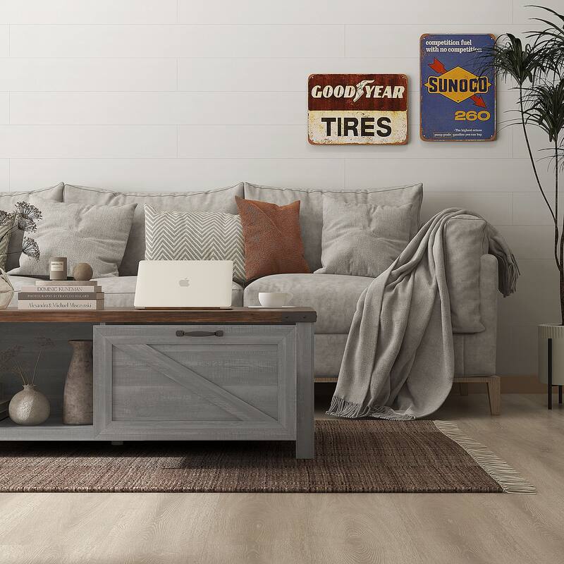 HOMCOM Farmhouse Coffee Table with Storage and Drawer, Rustic Coffee Table for Living Room, Open Shelf, Distressed Gray