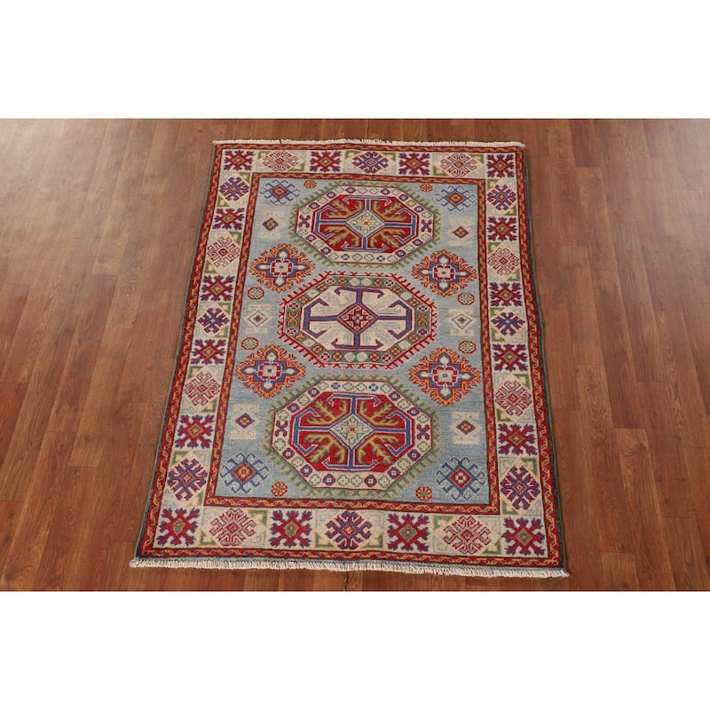 Geometric Kazak Accent Rug Handmade Wool Carpet - 3'6"x 4'11"