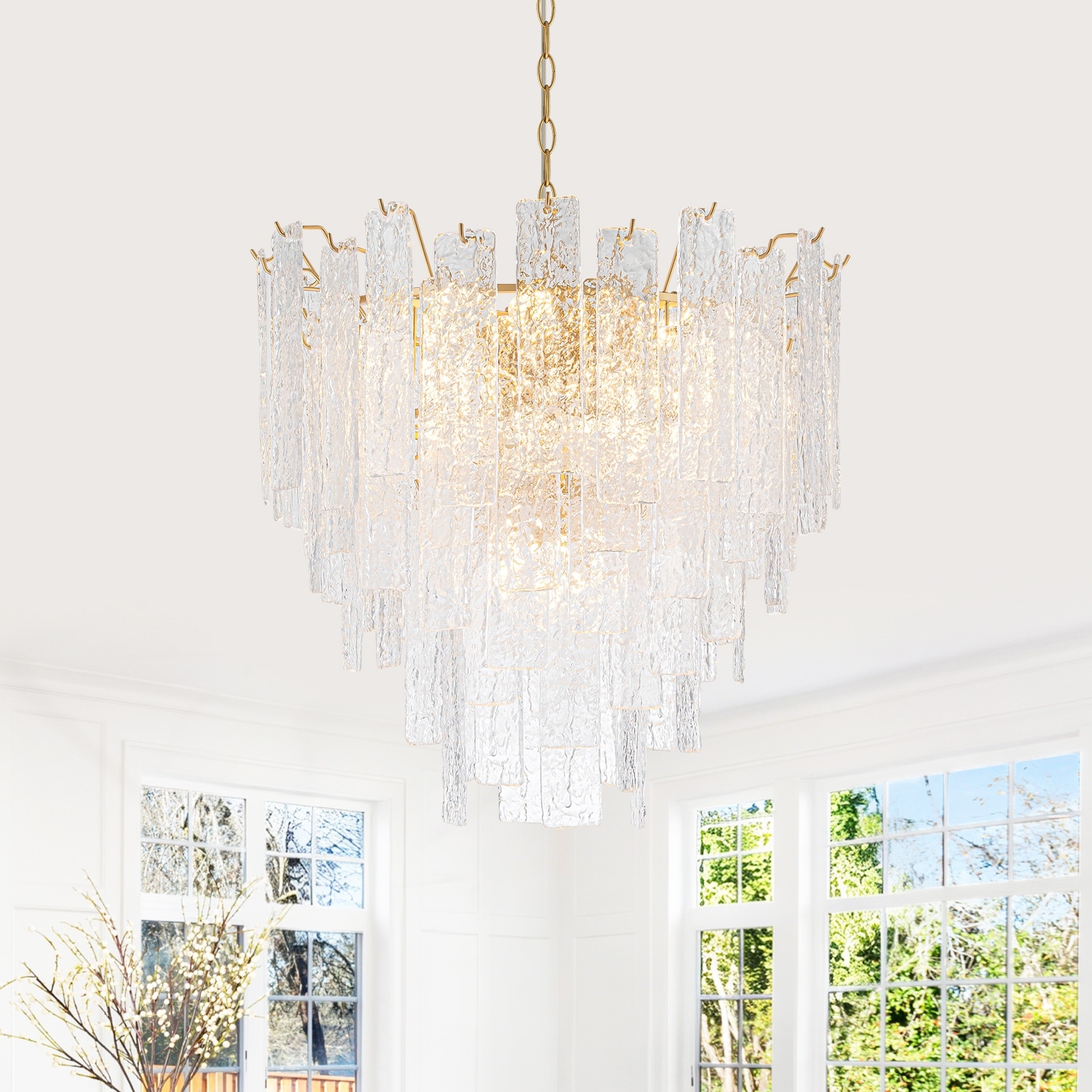 9 Light Brushed Gold Water Ripple Glass Clear Cascading Pendant Light - Dia.24.02-in