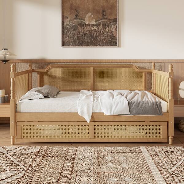 slide 2 of 19, Antique Walnut Twin Size Daybed for Guest Room, Kids' Beds with 2 Drawers and Curved Rattan Headboard Antique Walnut