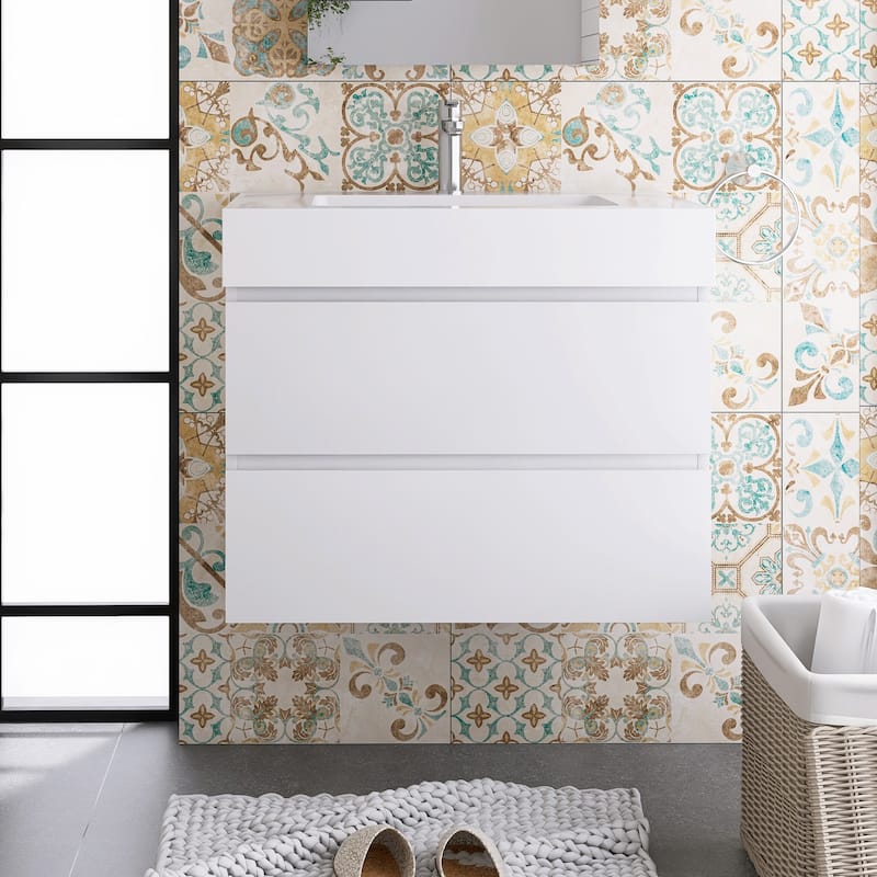 Floating Bathroom Vanity with Solid Surface Top - 29.9'' x 18.1'' x 25.2'' - White