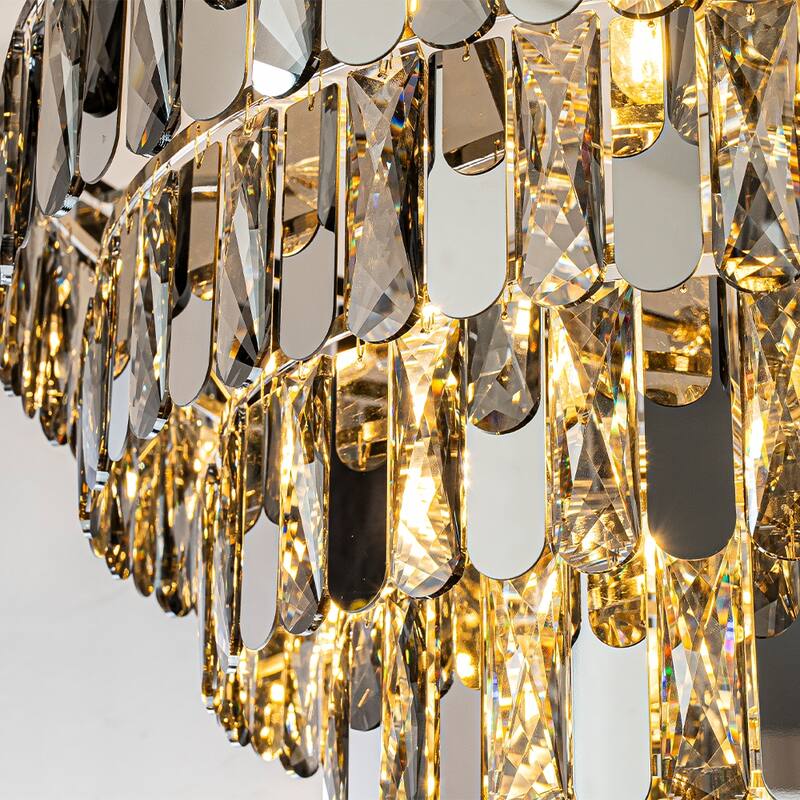 Dimmable Smoked Crystal Flush Mount Ceiling Light Round with Polished Nickel Finish and Stainless Steel Accents for Dining Room