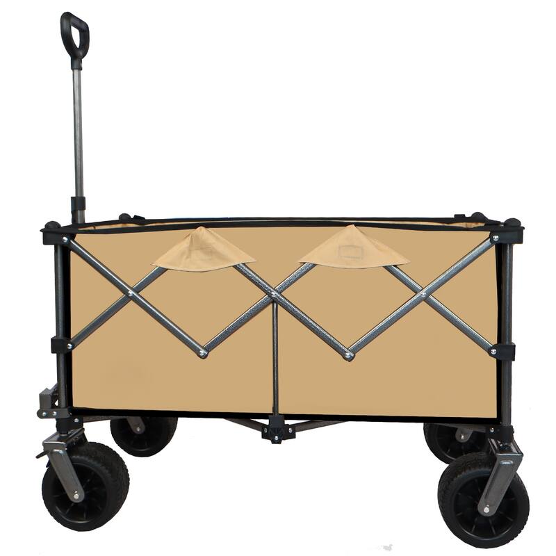 Heavy-Duty 360lb Folding Utility Wagon - All-Terrain Quiet Wheels with Adjustable Handle & Cup Holders, Gray-Brown