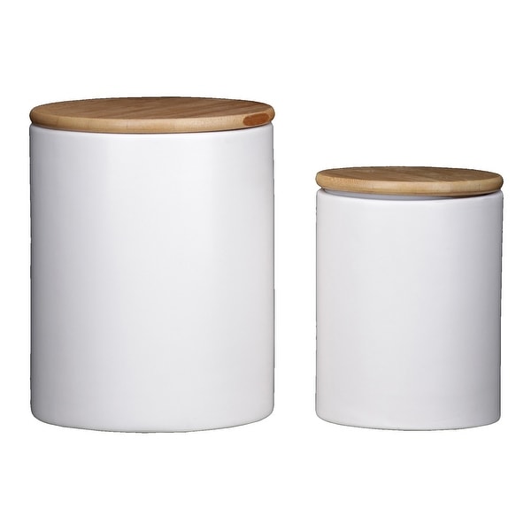 Shop Dual Tone Round Ceramic Canister with Wooden Lid, Set of 2, White ...