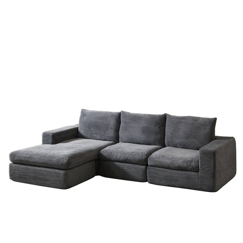 L-Shaped Sectional Sofa with Chaise Lounge, Corduroy Upholstered Boneless Couch, Module Corner Sofa with 3 Pillows