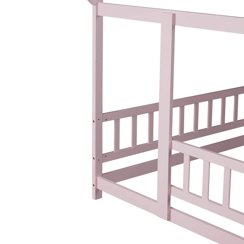 Full Size Wooden Floor Bed for Kids with House Roof Frame and Safety Guardrails