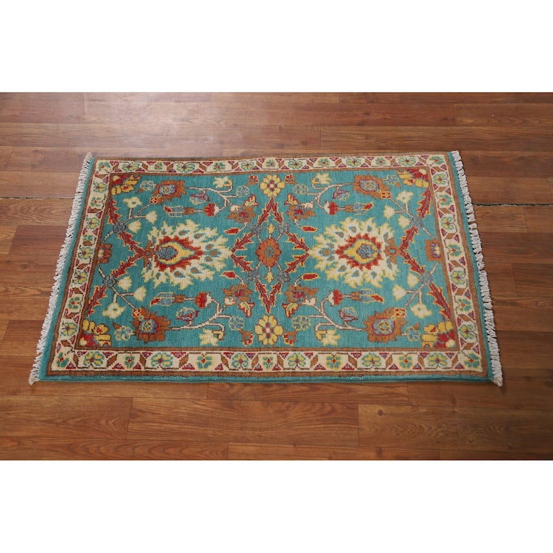 Turquoise Blue Kazak Oriental Foyer Rug Hand-Knotted Wool Carpet - 2'0" x 3'0"