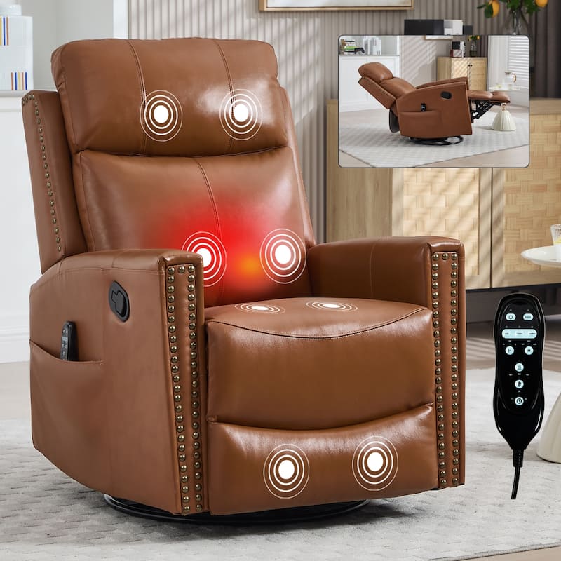 One Piece Genuine Leather Recliner Chair with Massage Heat Rocker and Swivel - Yellow