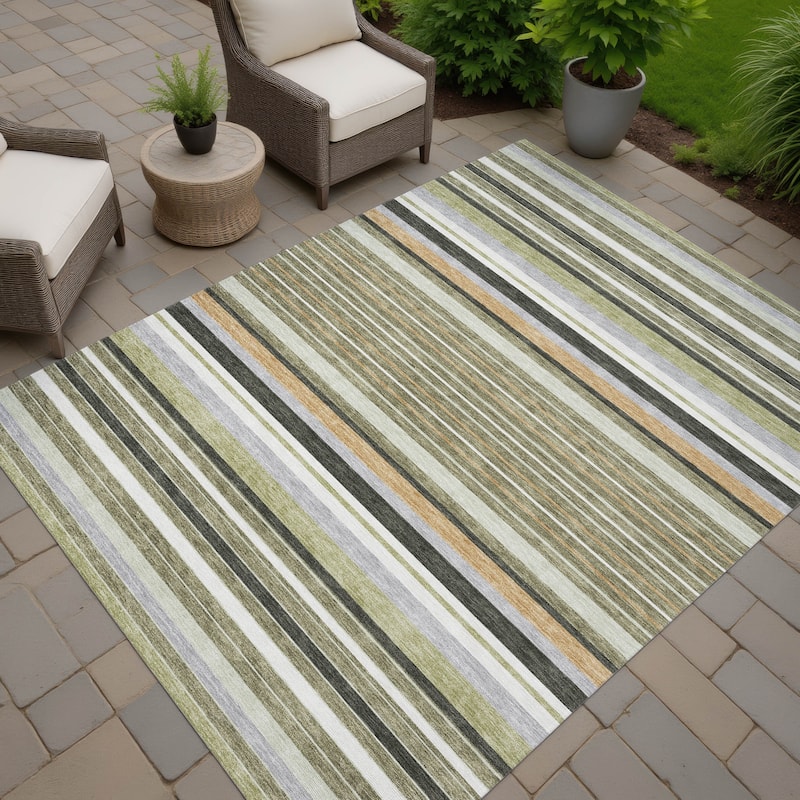 Machine Washable Indoor/ Outdoor Modern Stripes Chantille Rug - Olive - 10' x 14'