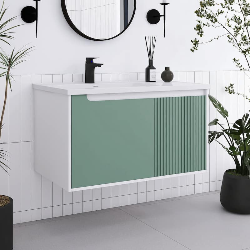 32/36/40 inch Wall Mounted Bathroom Vanity Set in Mint Green with Integrated Ceramic Sink