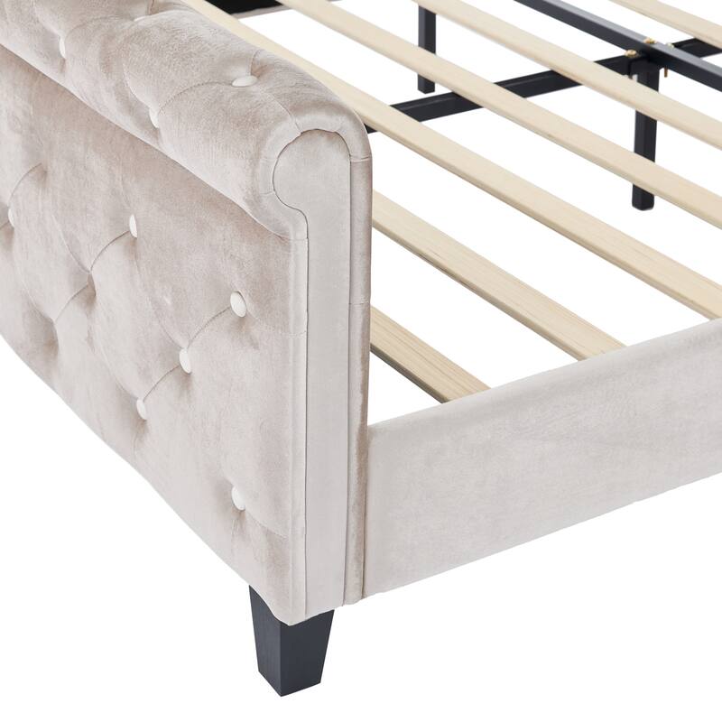 Christopher Knight Home - Amara Traditional Velvet Upholstered Sleigh Bed with Wingback Headboard & Scroll Footboard, Queen Size