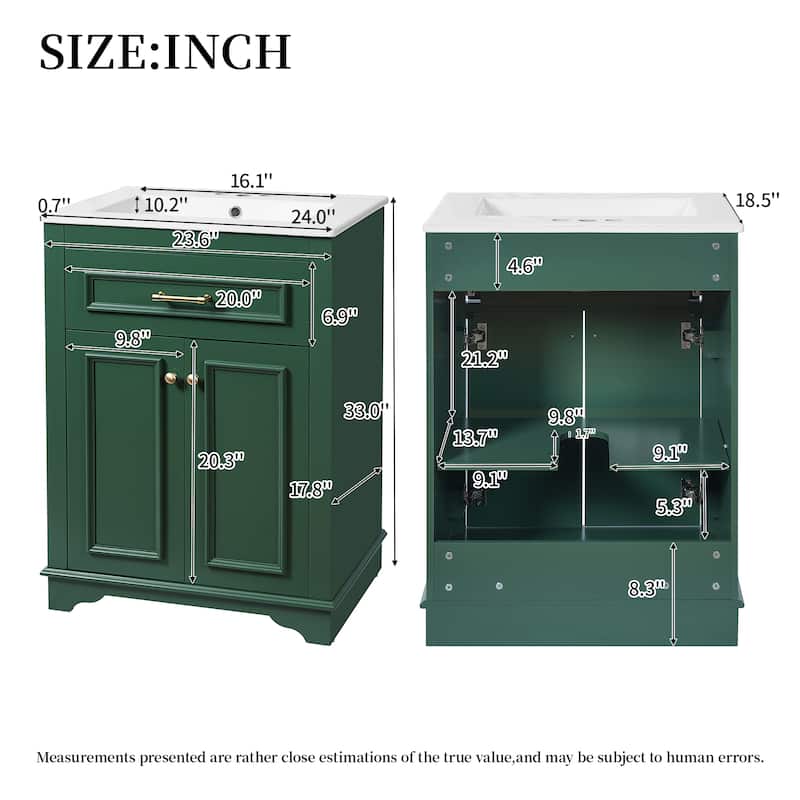 24" Freestanding Bathroom Vanity with White Integrated Ceramic Sink - 24'' x 18.5'' x 33''