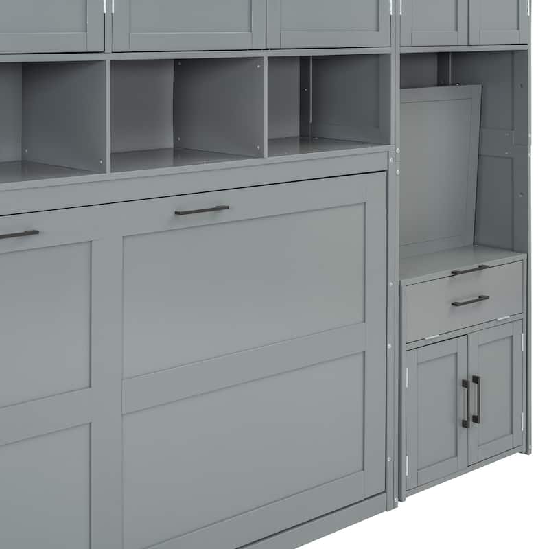 Space-Saving Twin Murphy Bed with Integrated Closet, Drawers & Desk in Gray