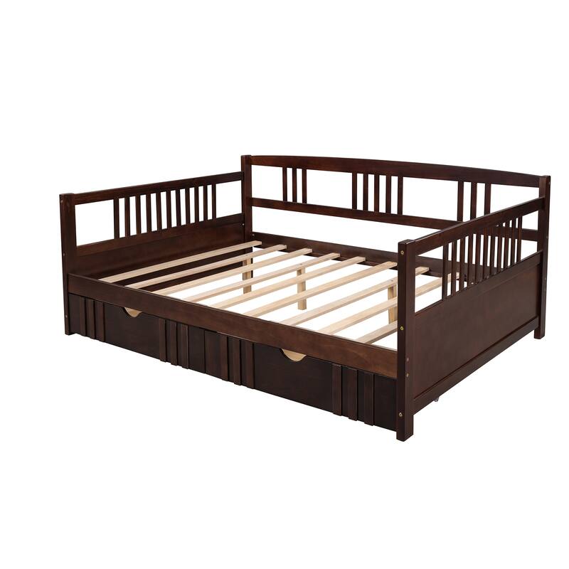 Daybed with Two Drawers, Solid Wood Frame, Guardrails, No Box Spring Needed