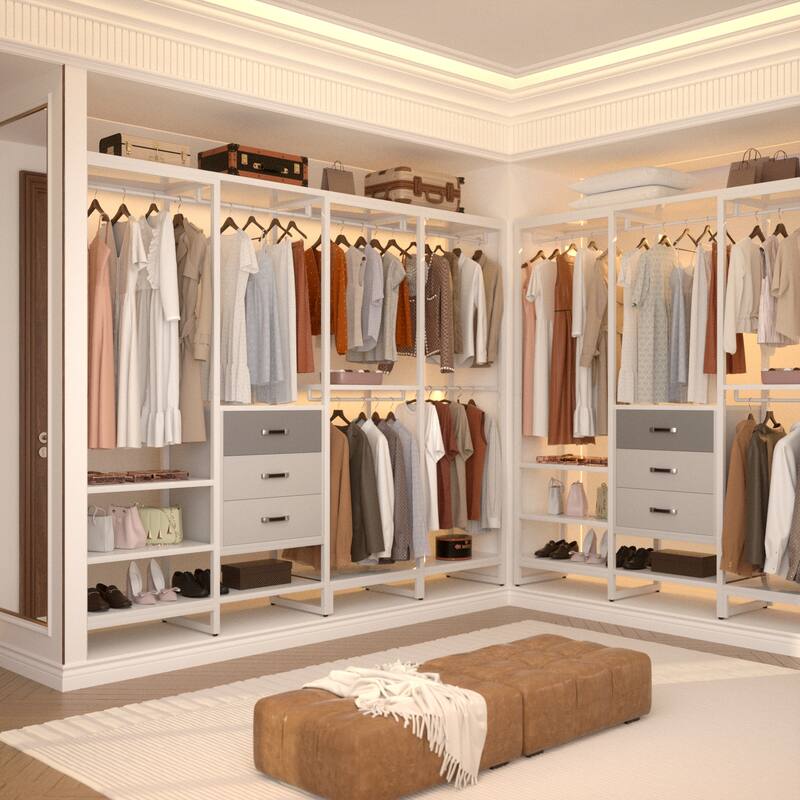 Closet Organizer with Wood Drawers, Garment Rack with Wood Shelves for Reach-in/ Walk-in Closet