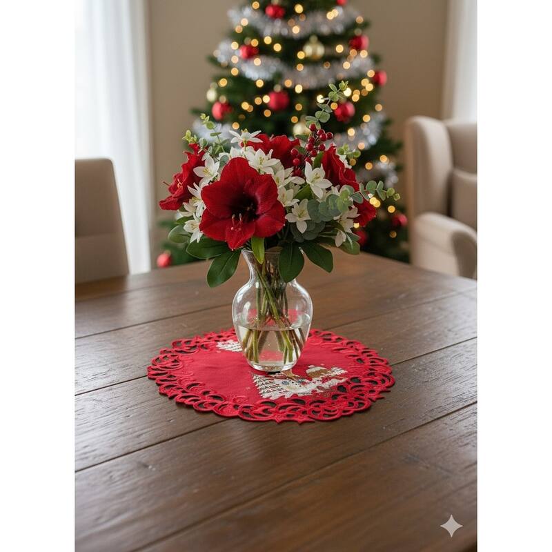 Snow Man Embroidered Cutwork Round Placemat, 8-Inch diameter