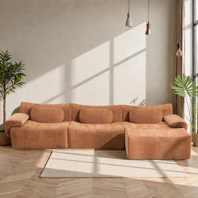 Modular Chenille Sofa Set with Armchair, Extra Large Deep Seat 3 Seater Compression Couch with Pillows - Orange