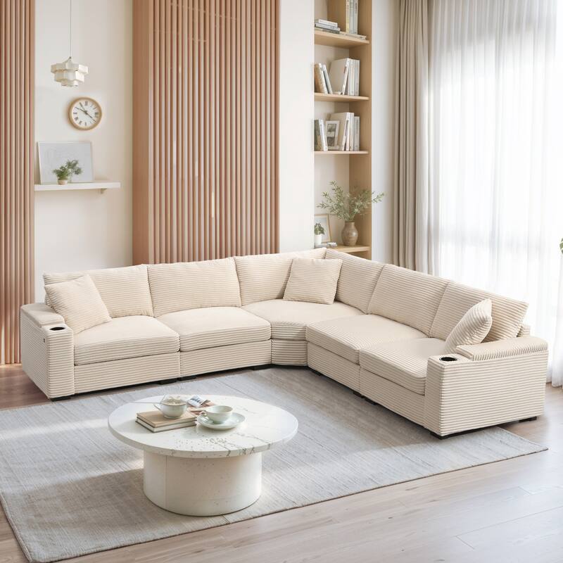 Roomfitters 106'' Convertible L-Shaped Sectional Sofa, Corduroy Corner Couch with Armrest Storage, Cup Holders, USB Charger - Beige