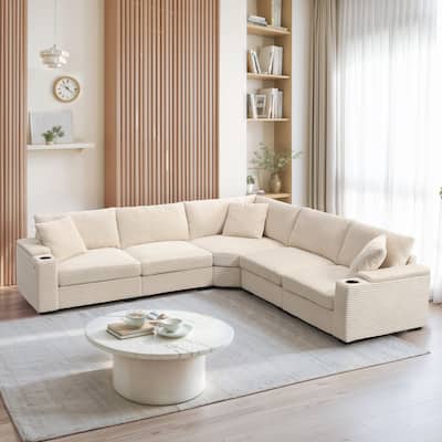 Roomfitters 106'' Convertible L-Shaped Sectional Sofa, Corduroy Corner Couch with Armrest Storage, Cup Holders, USB Charger