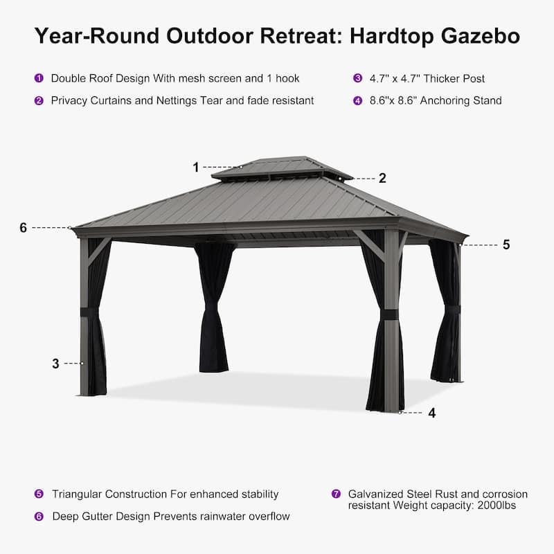 PURPLE LEAF Patio Gazebo for Backyard Hardtop Galvanized Steel Frame with Upgrade Curtain - Light Grey