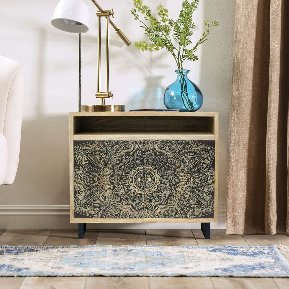 DH BASIC Bohemian Wood 3-Shelf Accent Cabinet with Screen Printed Pattern by Denhour