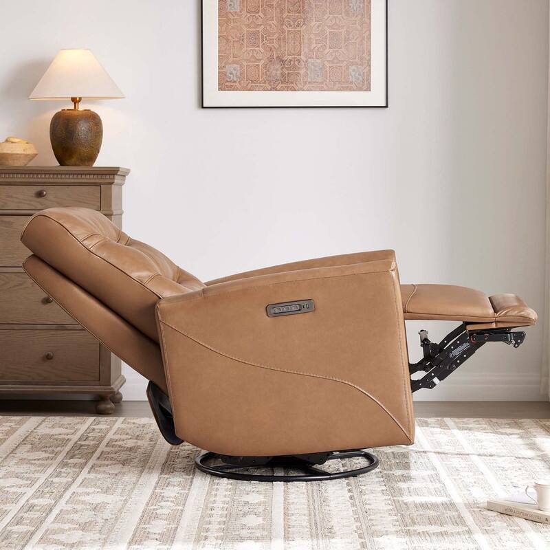 Spruce & Spring Genuine Leather Swivel Glider Recliner with Power Lumbar Support