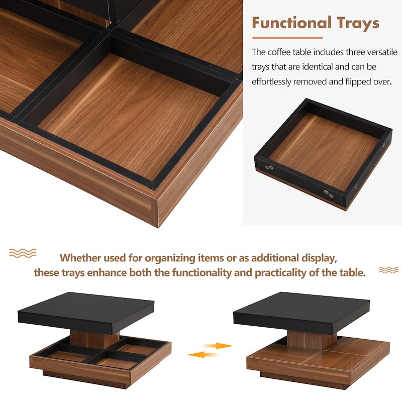 Modern 2-Tier Square 360°Rotating Coffee Table with 3 Detachable Tray