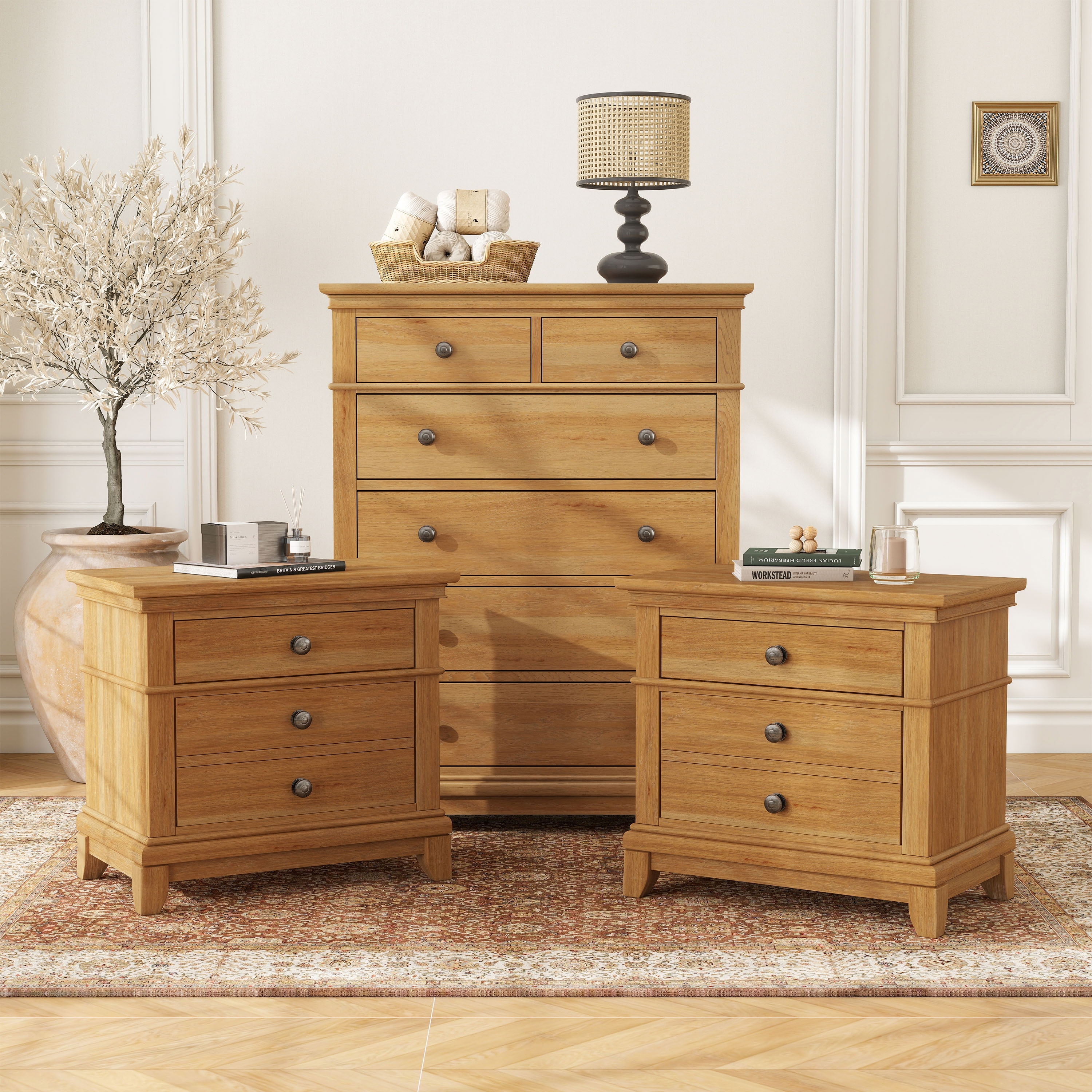 Furniture of America Wellington Farmhouse 3-Piece Natural Oak Wood Chest and 2-Nightstand Bedroom Set