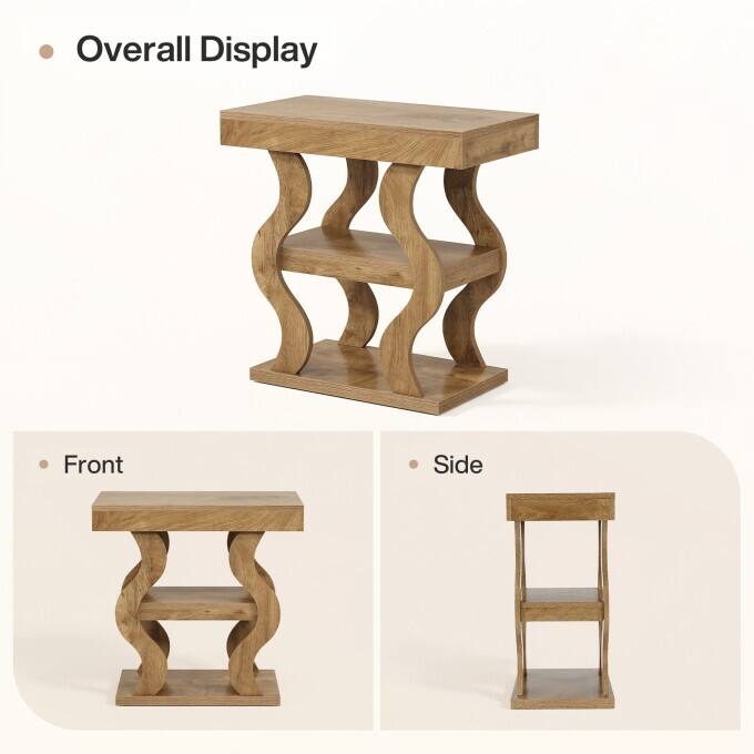 3-Tier Narrow Wooden End Table, Nightstand With Open Storage Shelf