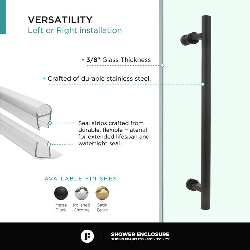 Fine Fixtures Frameless Shower Enclosure Sliding Shower Glass Door - Tempered Glass