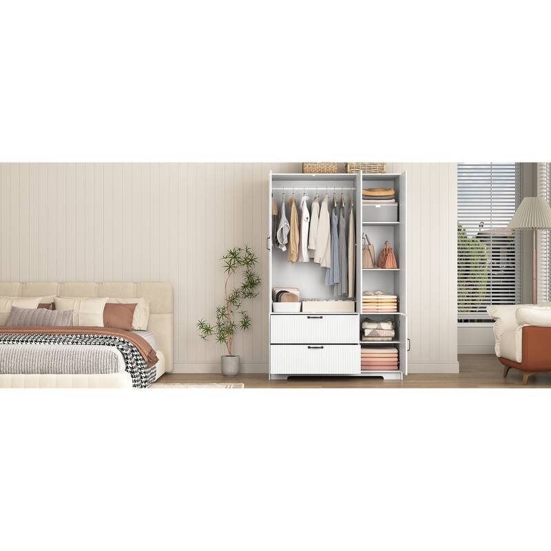 4 Doors Wardrobe Closet with Mirror, LED Wardrobe with Doors and 2 Drawers, Wooden Wardrobe Storage Cabinet with Hanging Rod