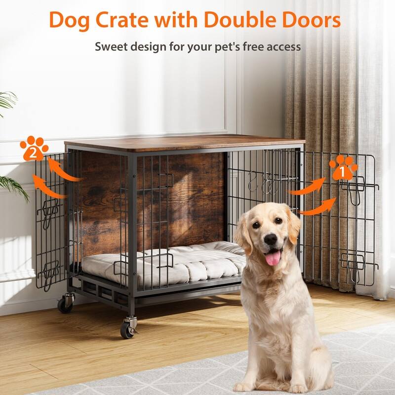 Dogs Kennel Crate Furniture with Removable Tray and Wheels