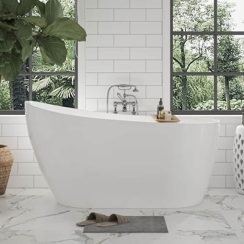 Vanity Art 54" X 28" White Acrylic Freestanding Bathtub - White/Polished Chrome