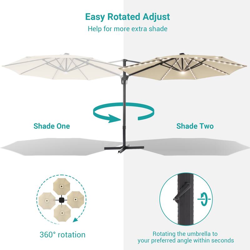 BONOSUKI 11FT LED Cantilever Patio Umbrella Angle Adjustment w/Cross Base