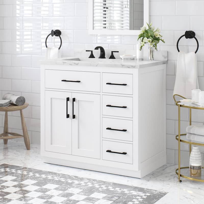 Athea Bathroom Vanity with White Engineered Marble Top - 36" - White with Matte Black Hardware