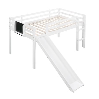 Twin Size Loft Bed Wood Bed with Convertible Ladder and Slide, Solid Wood Twin Kids Bed Frame with Chalkboard for Boys or Girls