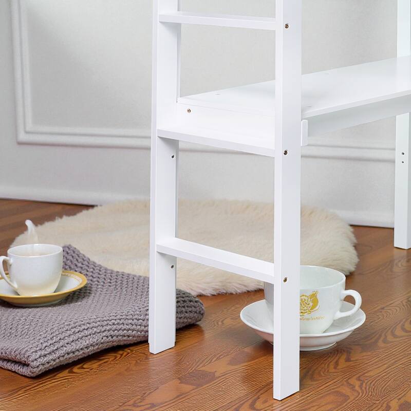 Twin Size Wooden High Loft Bed with Built-in Desk and Ladder, Solid Rubber Wood Loft Bed with Safety Guardrails