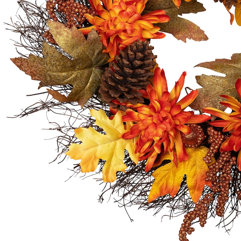 Autumn Harvest Orange Cactus Mums with Brown Acorns Artificial Grapevine Wreath - 22-Inch Unlit - N/A