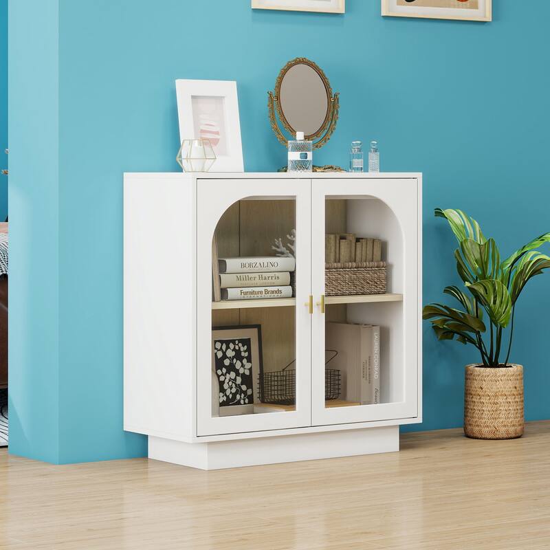 Storage Cabinet with 2 Acrylic Door, Wooden Kitchen Pantry Sideboard, Display Cabinet with Metal Handles & Adjustable Shelves - White