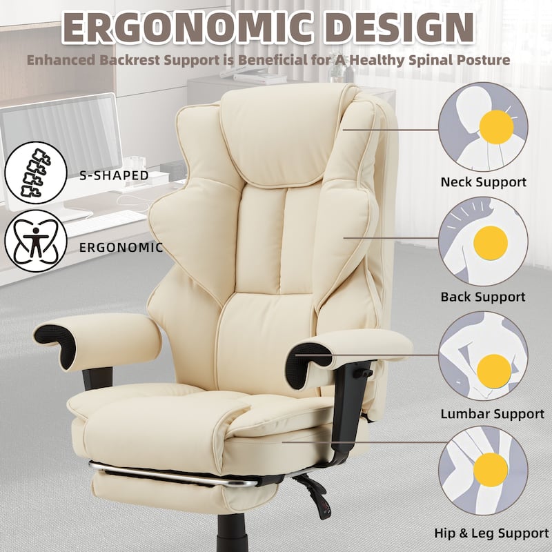 Ergonomic 6-Point Massage Office Chair with Heating, Reclining Function, Retractable Footrest, and Adjustable Armrests