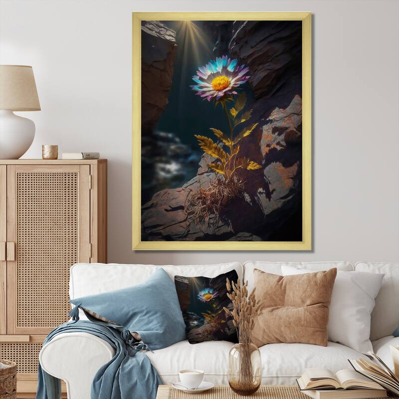 Designart "Fierce Blue Mountain Flower Captures Sunshine" Flowers Framed Canvas Prints - 24 in. wide x 32 in. high - Gold
