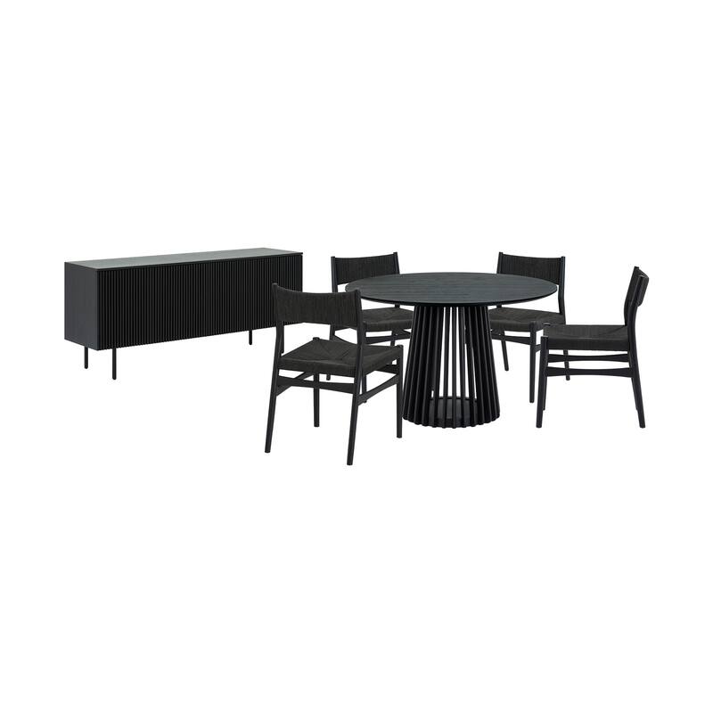 HomeRoots Six Piece Black Round Dining Set with Four Chairs and Sideboard