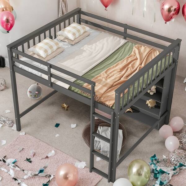 slide 2 of 14, Full Size Loft Bed With 8 Open Storage Shelves Snd Built-in Ladder for Home Grey