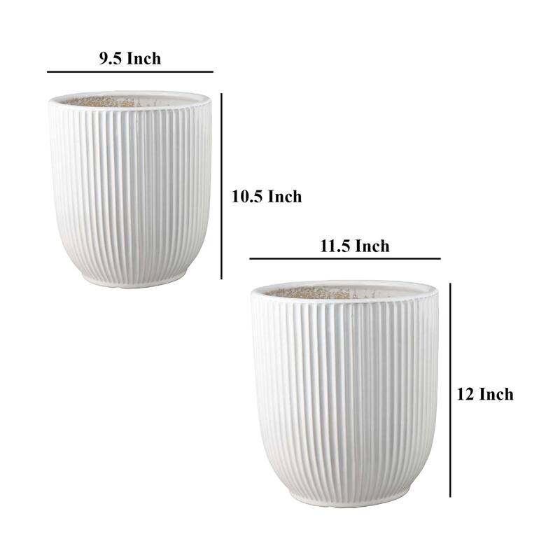Modern 2-Piece Glossy White Ribbed Ceramic Planter Set with Drainage