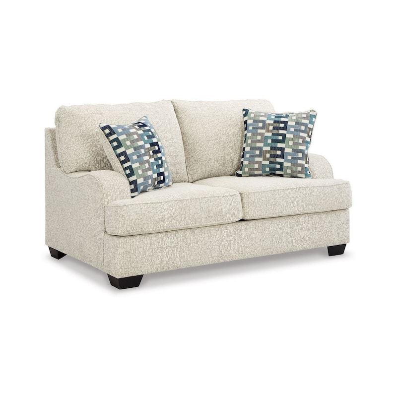 Zyan 66 Inch Loveseat with 2 Accent Pillows, Beige Chenille, Polyester