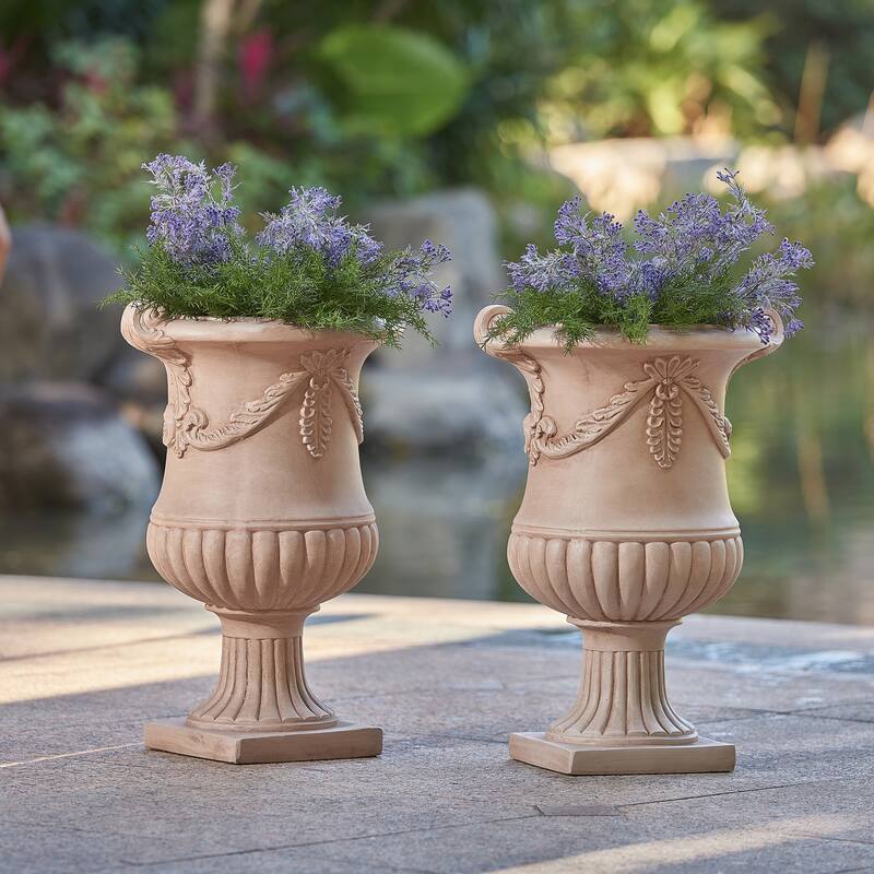 Christopher Knight Home - Fernrise 24.80"H Outdoor Classical Floral Relief Carvings MGO Urn Planter, Drainage Hole & Ventilation