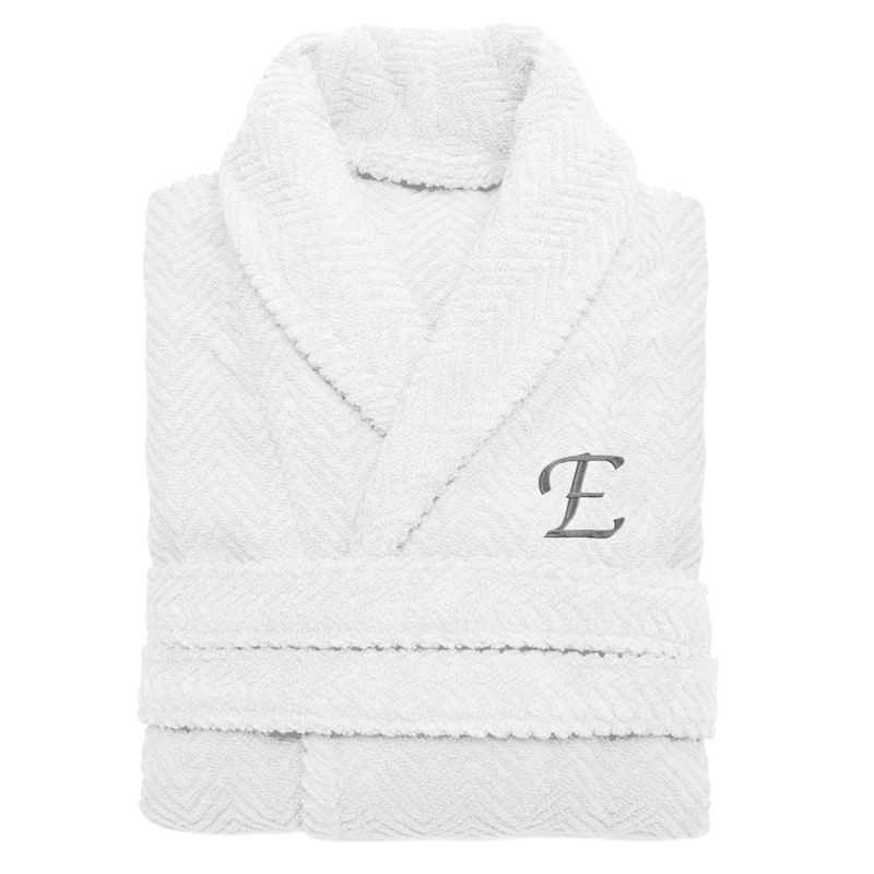 Authentic Hotel and Spa White with Grey Monogrammed Herringbone Weave Turkish Cotton Unisex Bath Robe - S/M - E