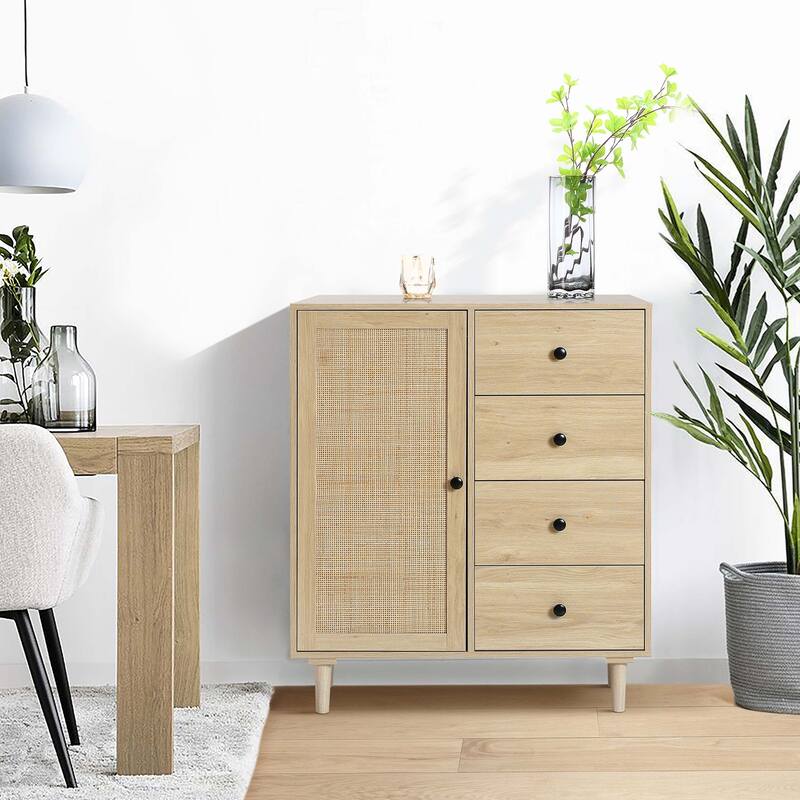 Storage Cabinet 1-Door 4-Drawer Wood Cabinet - Oak Finish Accent Cabinet Organizer