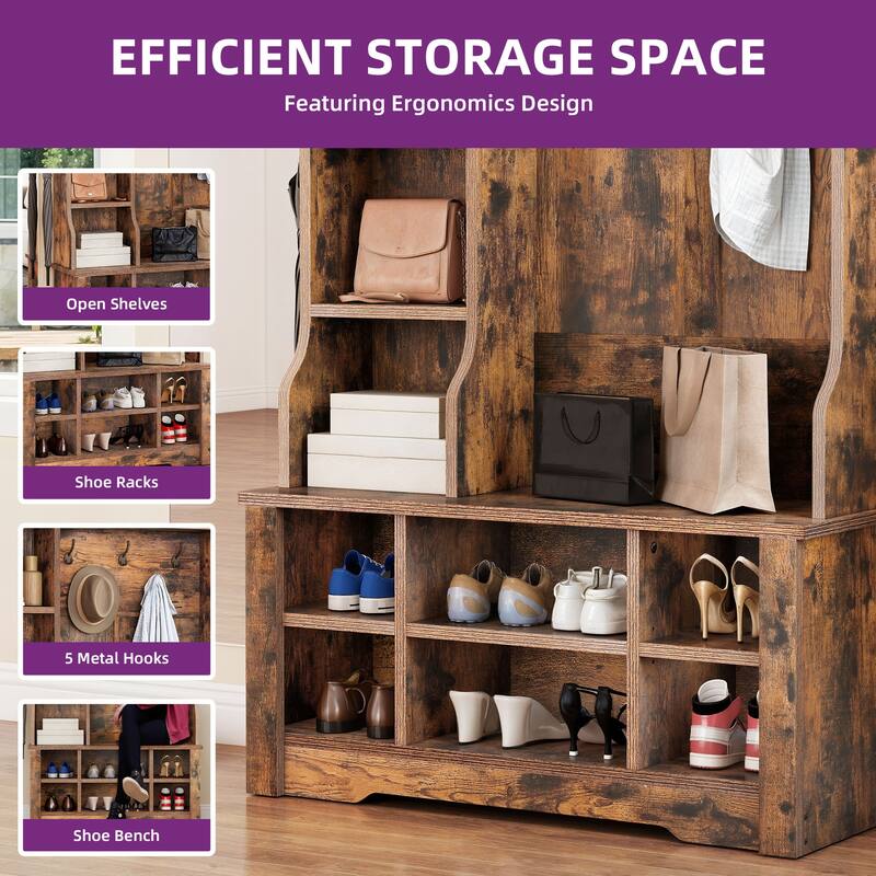 Moasis 39"/59" Farmhouse Hall Tree Bench Shoe Storage Coat Rack for Entryway with Adjustable Shelf